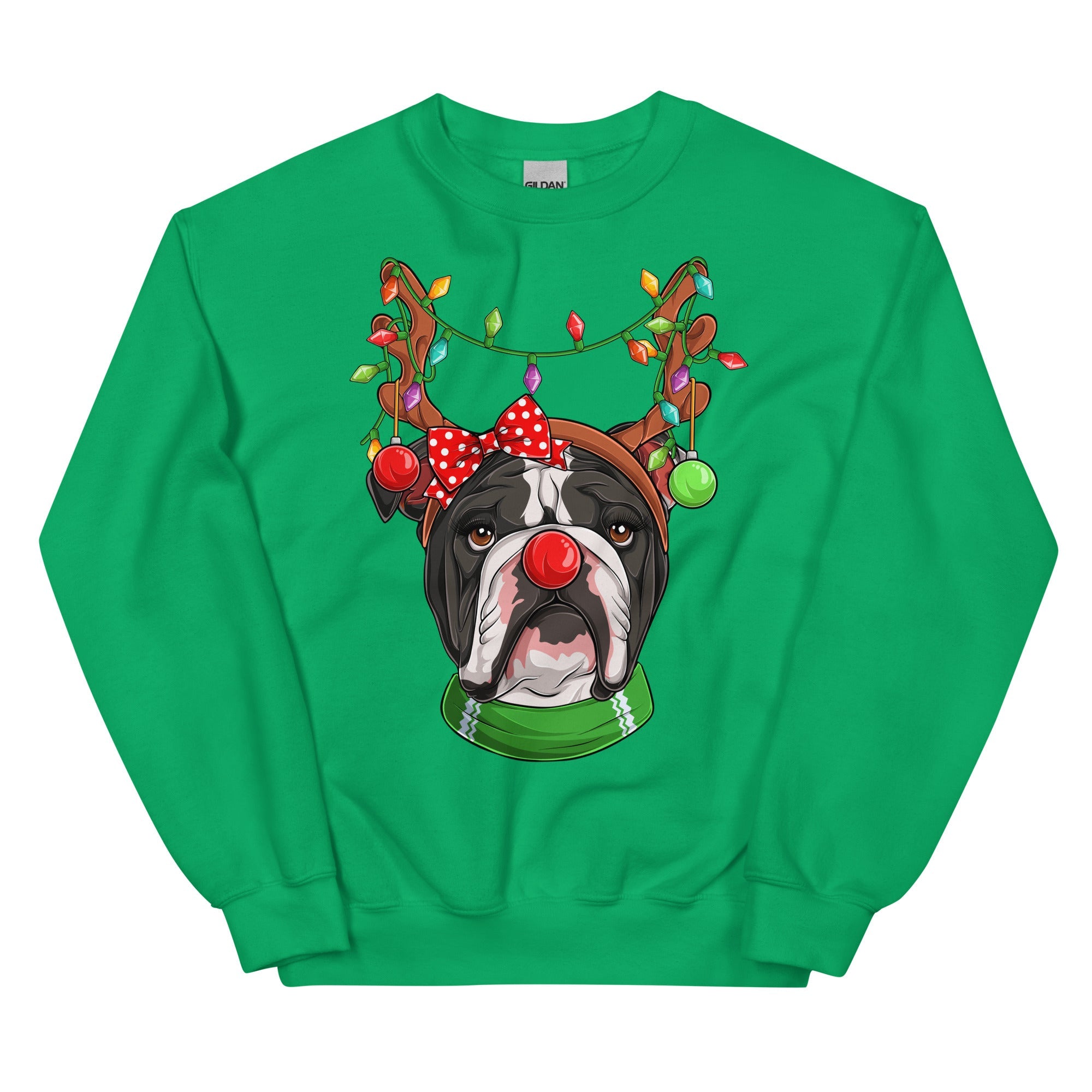 Red - Nosed Female Bulldog Christmas Crewneck | B&amp;W Colored