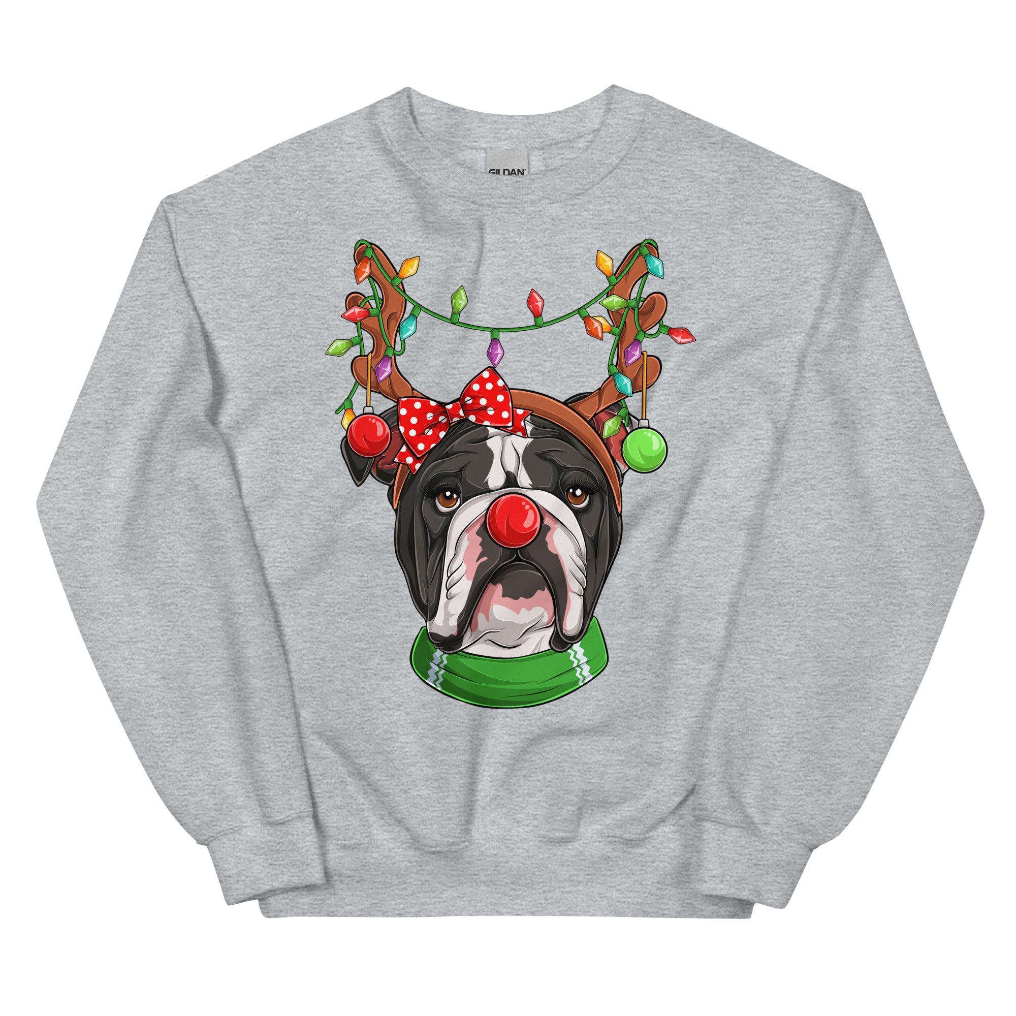 Red - Nosed Female Bulldog Christmas Crewneck | B&amp;W Colored