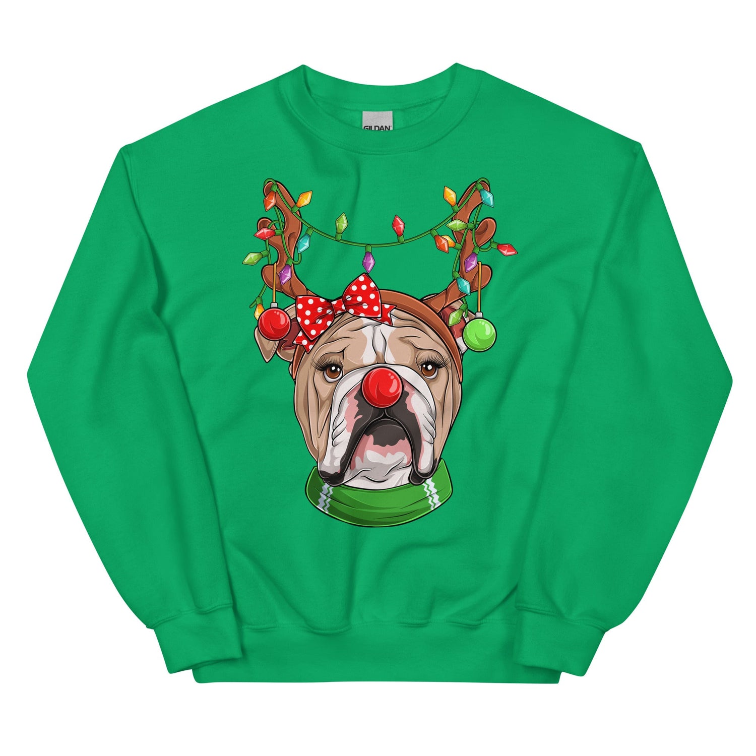 Red - Nosed Female Bulldog Christmas Crewneck | Fawn &amp; White Colored