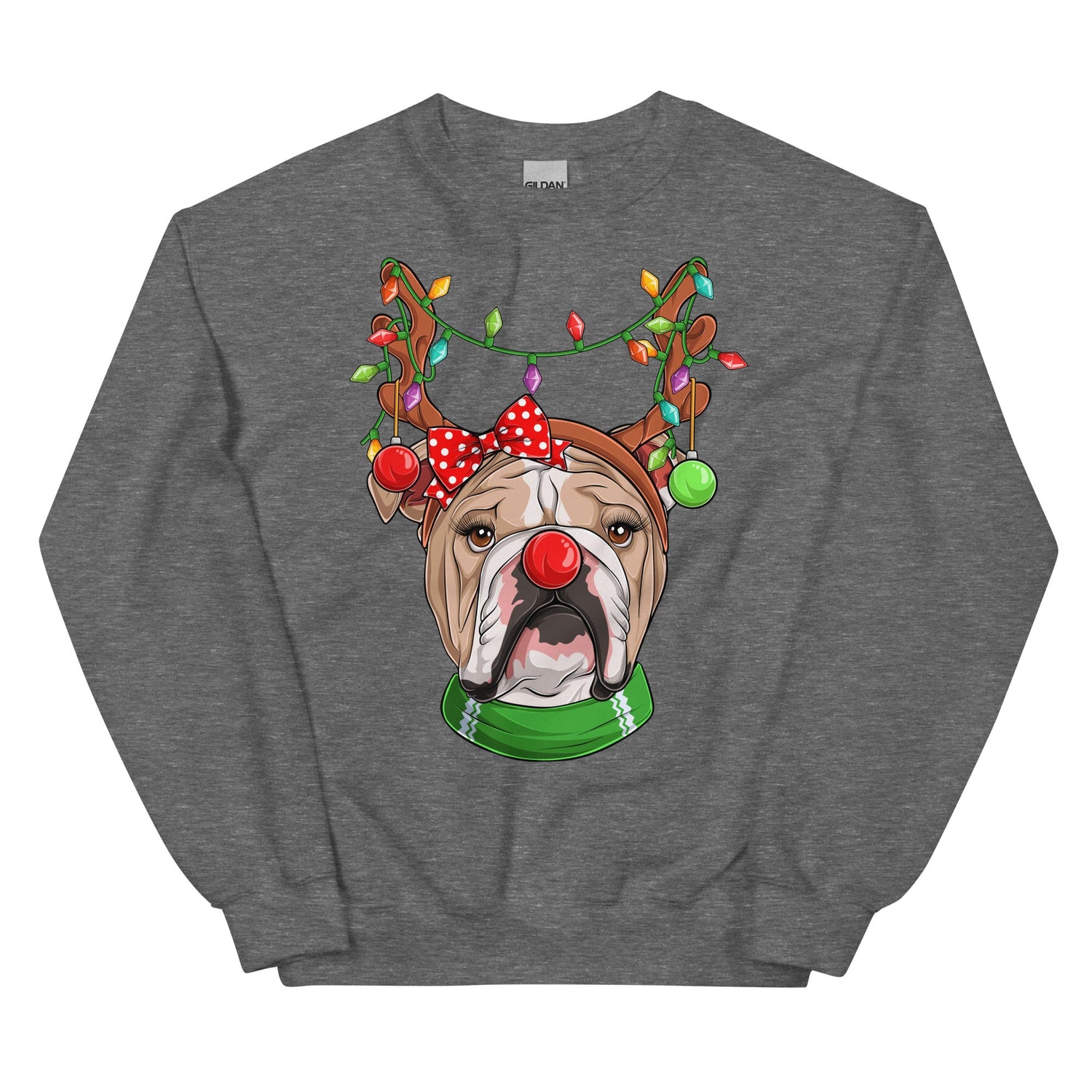 Red - Nosed Female Bulldog Christmas Crewneck | Fawn &amp; White Colored