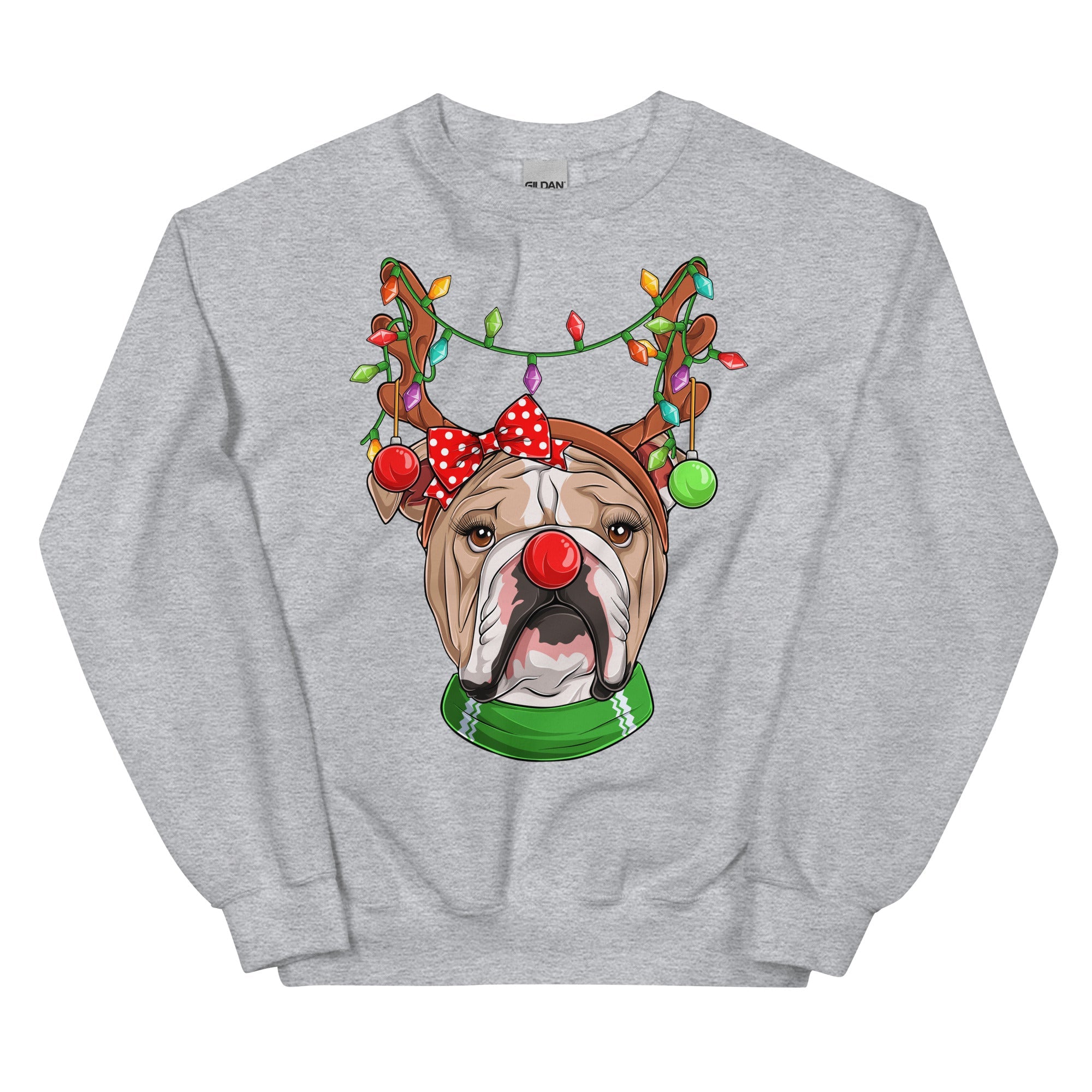 Red - Nosed Female Bulldog Christmas Crewneck | Fawn &amp; White Colored