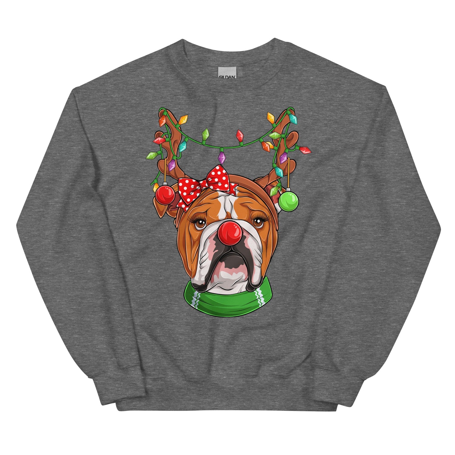 Red - Nosed Female Bulldog Christmas Crewneck | Red &amp; White Colored