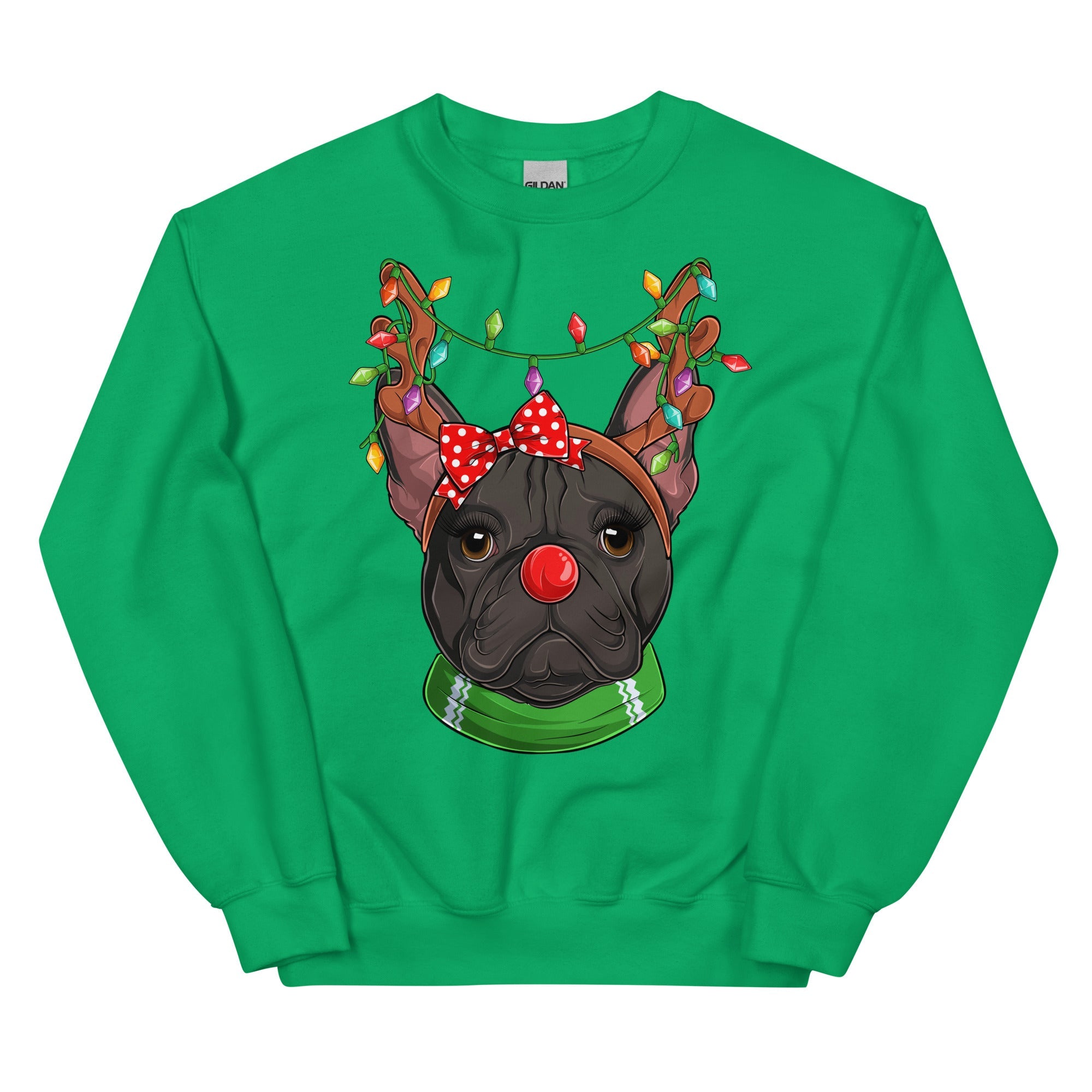 Red - Nosed Female Frenchie Christmas Crewneck | B&amp;W Colored