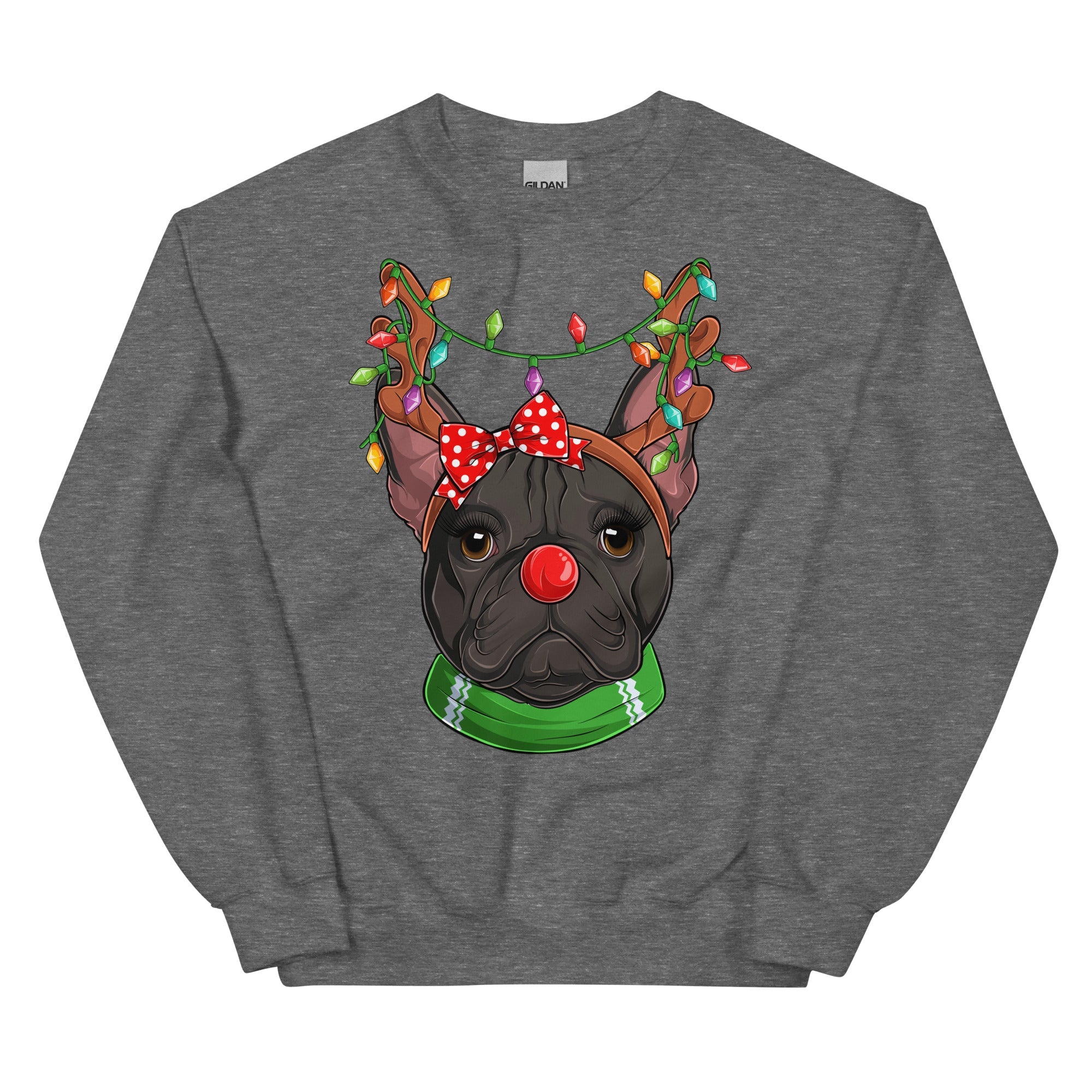 Red - Nosed Female Frenchie Christmas Crewneck | B&amp;W Colored
