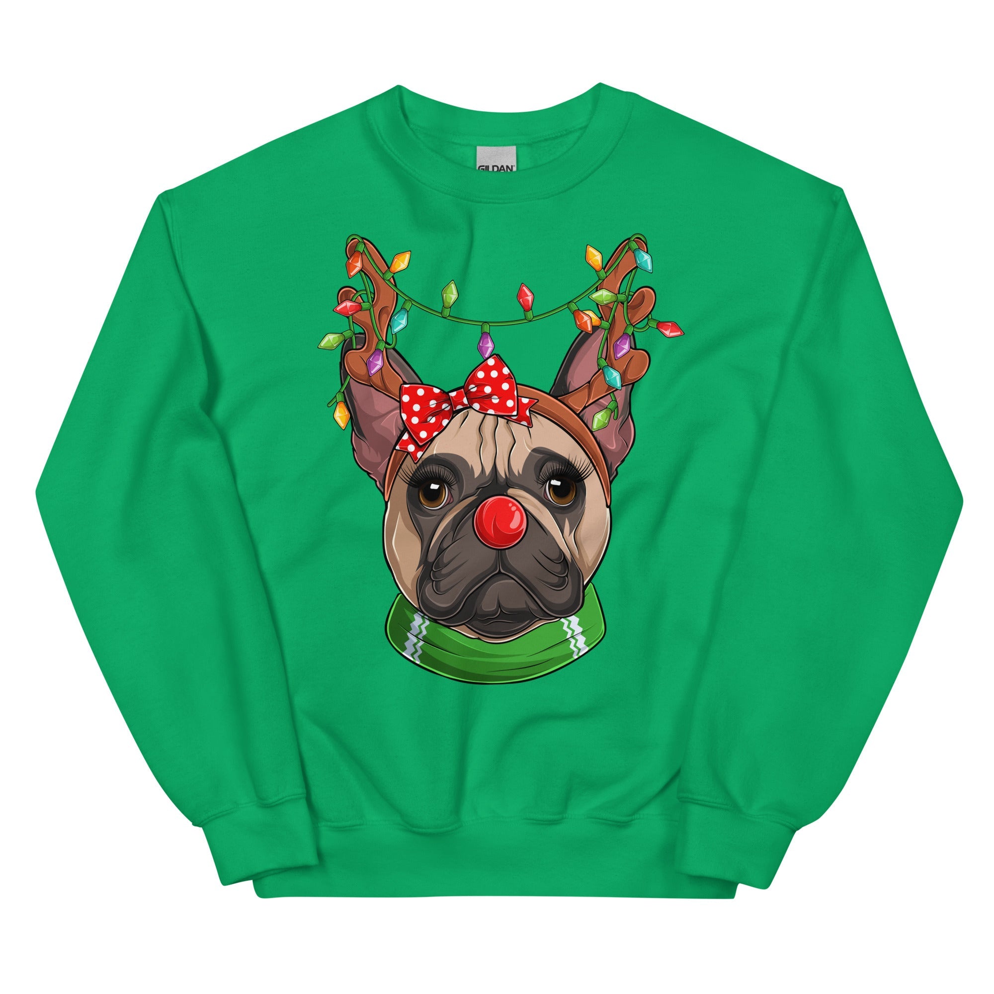 Red - Nosed Female Frenchie Christmas Crewneck | Fawn &amp; White Colored