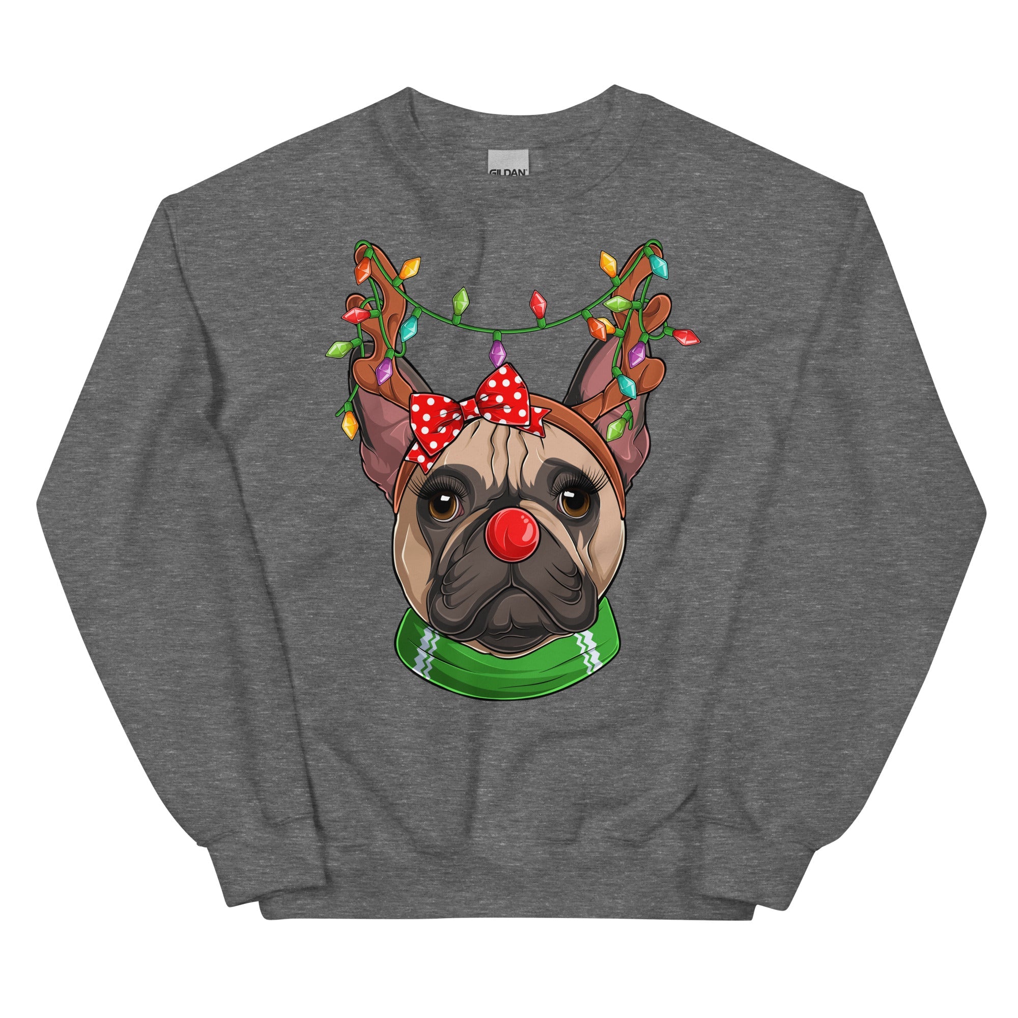 Red - Nosed Female Frenchie Christmas Crewneck | Fawn &amp; White Colored