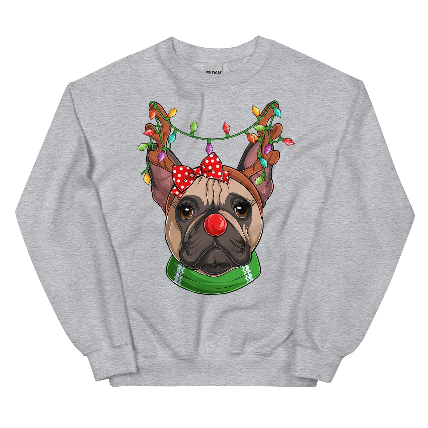 Red - Nosed Female Frenchie Christmas Crewneck | Fawn &amp; White Colored