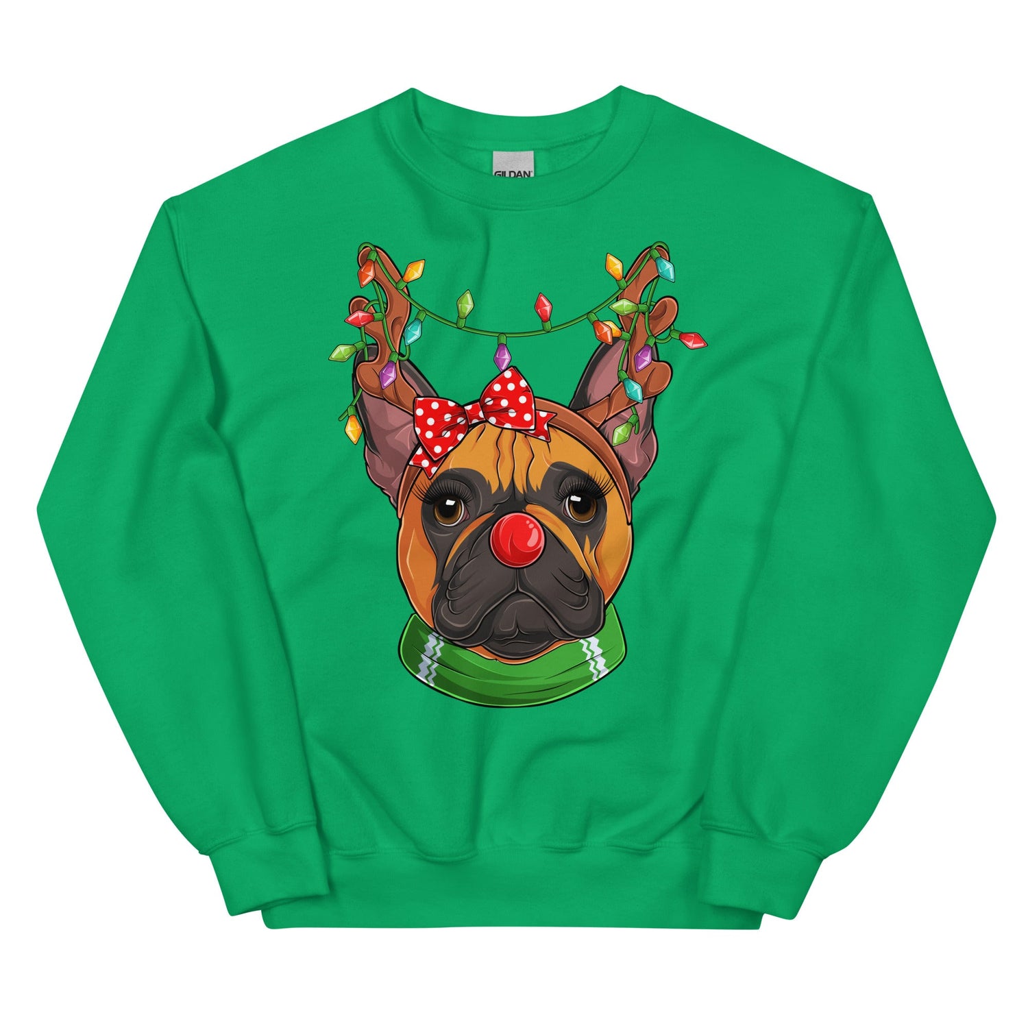 Red - Nosed Female Frenchie Christmas Crewneck | Red &amp; White Colored