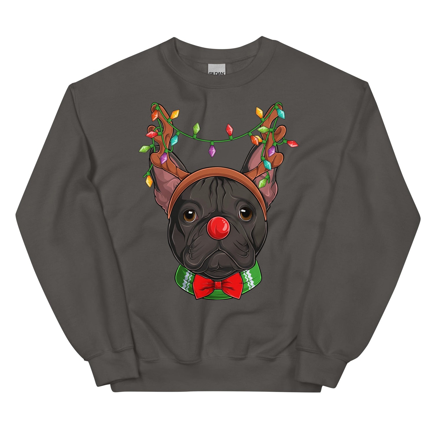 Red - Nosed Frenchie Christmas Crewneck | B&amp;W Colored