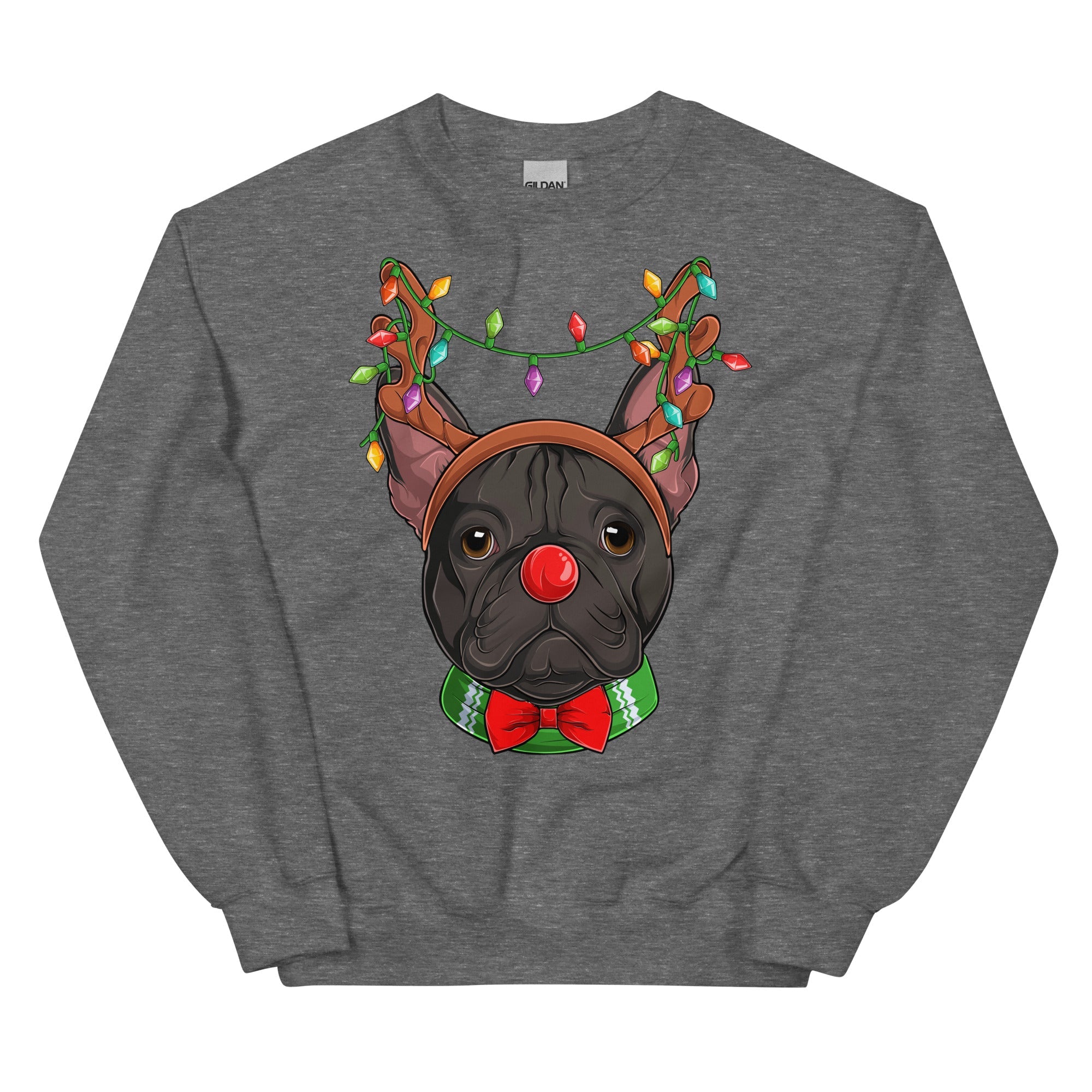 Red - Nosed Frenchie Christmas Crewneck | B&amp;W Colored