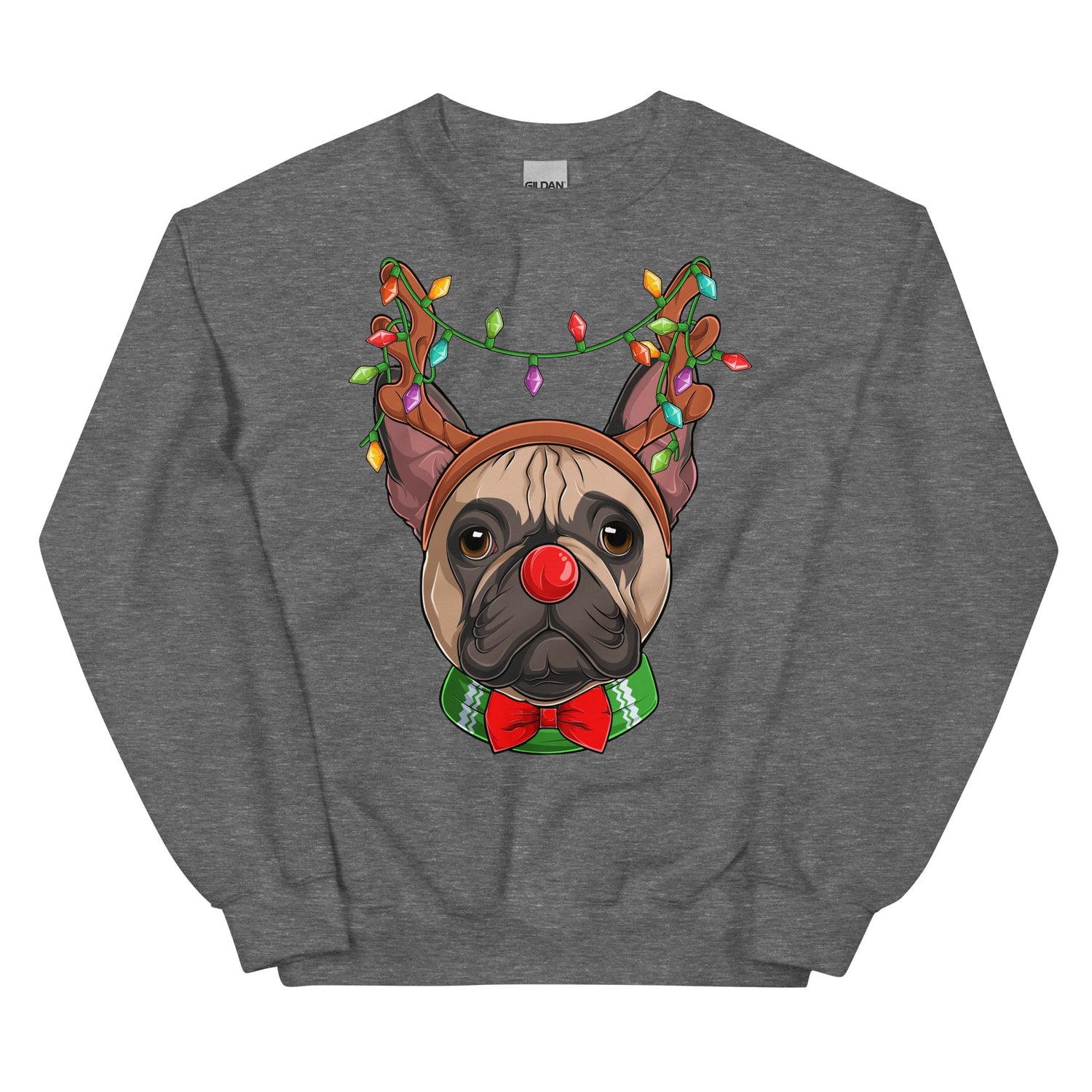 Red - Nosed Frenchie Christmas Crewneck | Fawn &amp; White Colored
