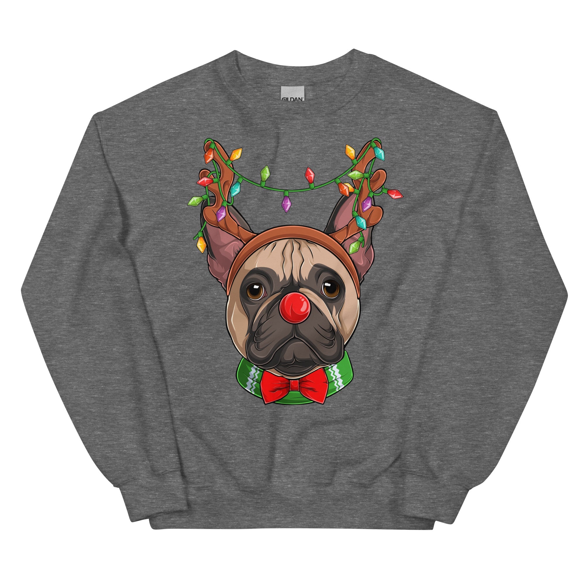 Red - Nosed Frenchie Christmas Crewneck | Fawn &amp; White Colored