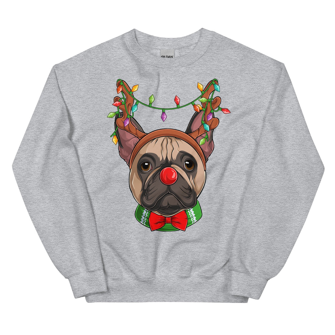 Red - Nosed Frenchie Christmas Crewneck | Fawn &amp; White Colored