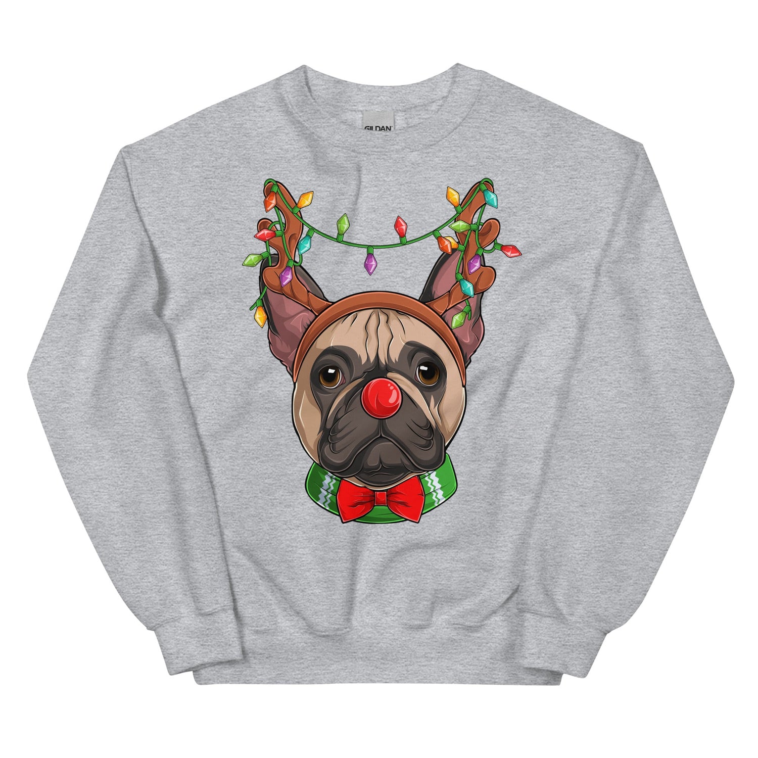 Red - Nosed Frenchie Christmas Crewneck | Fawn &amp; White Colored