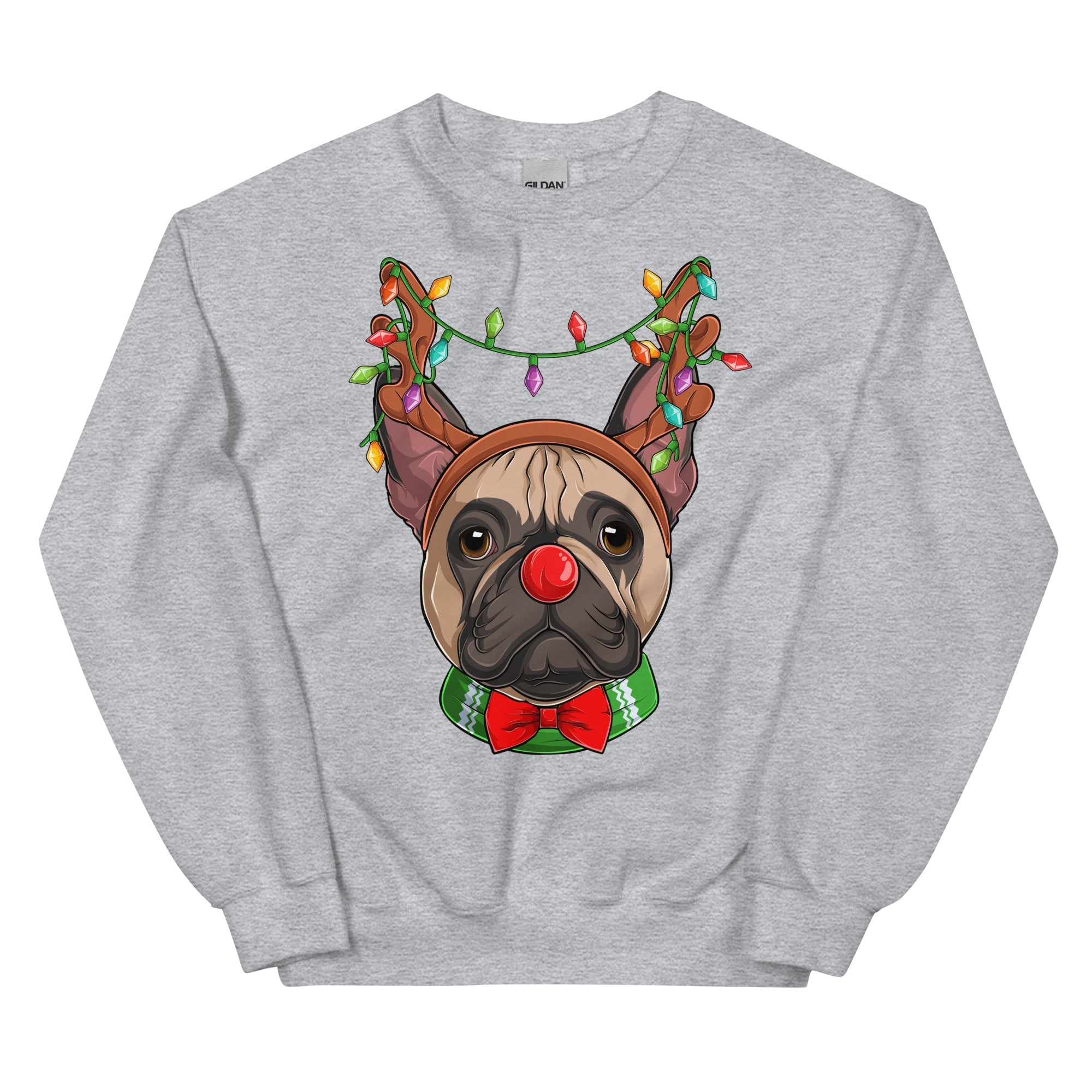 Red - Nosed Frenchie Christmas Crewneck | Fawn &amp; White Colored