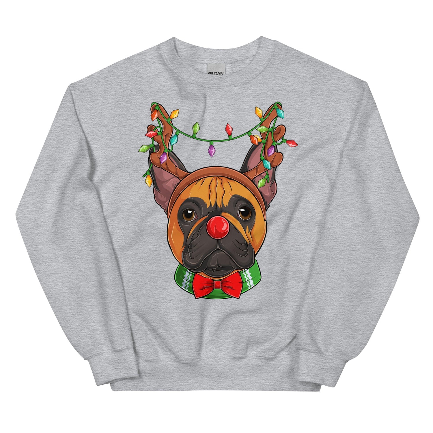 Red - Nosed Frenchie Christmas Crewneck | Red &amp; White Colored