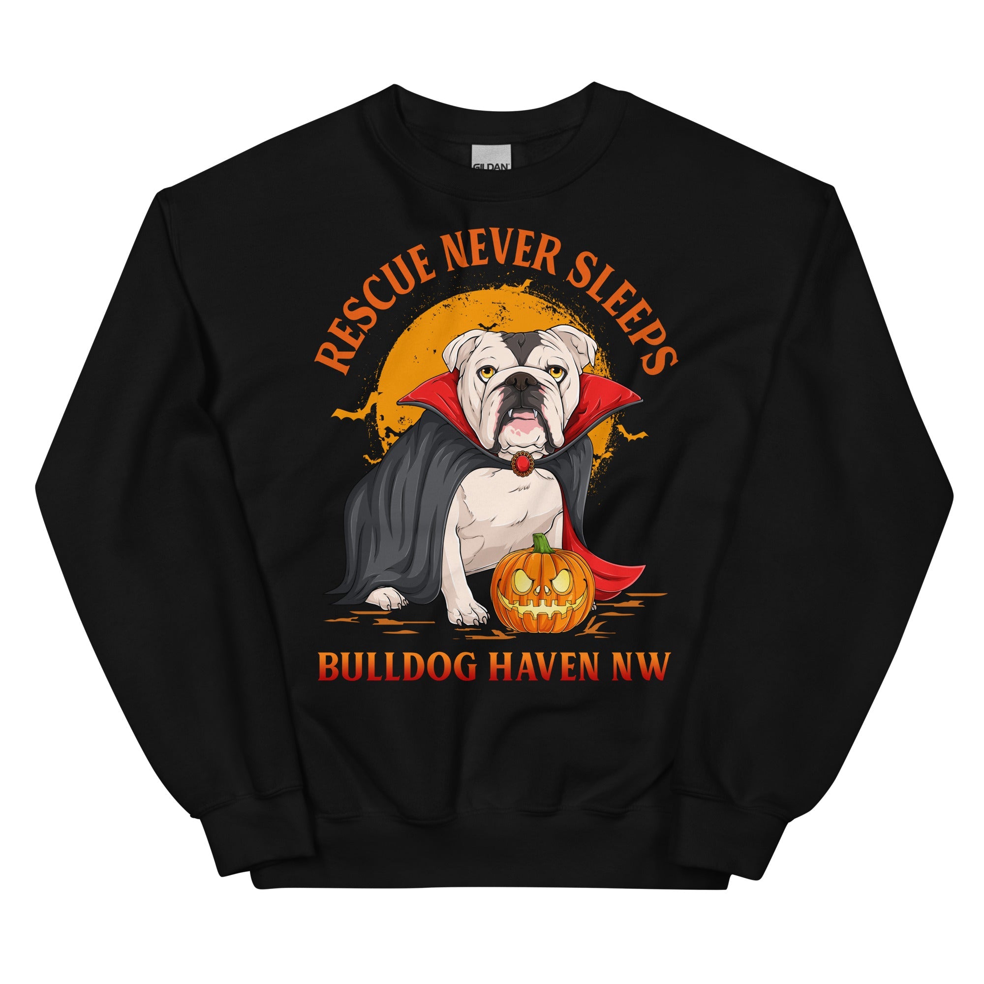 &quot;Rescue Never Sleeps&quot; BHNW Bulldog Halloween Sweatshirt