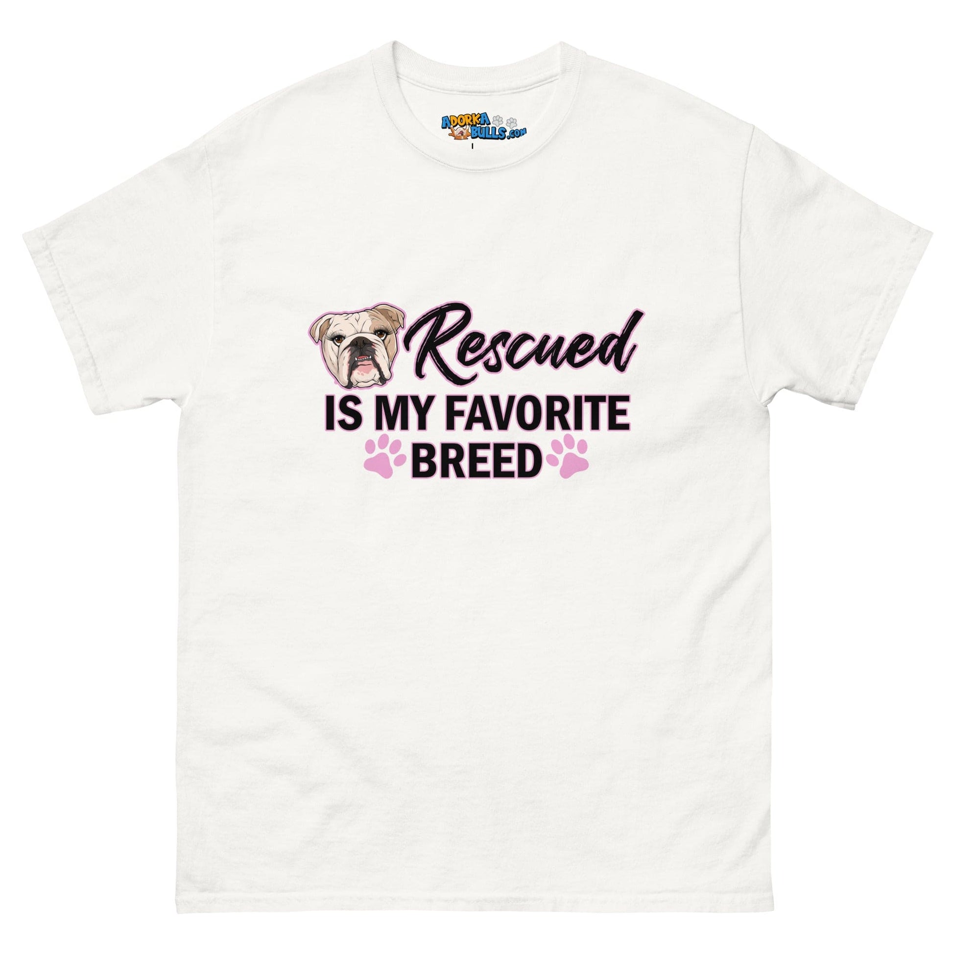 "Rescued is My Favorite Breed" Female English Bulldog Men's Classic Tee | Fawn & White Colored