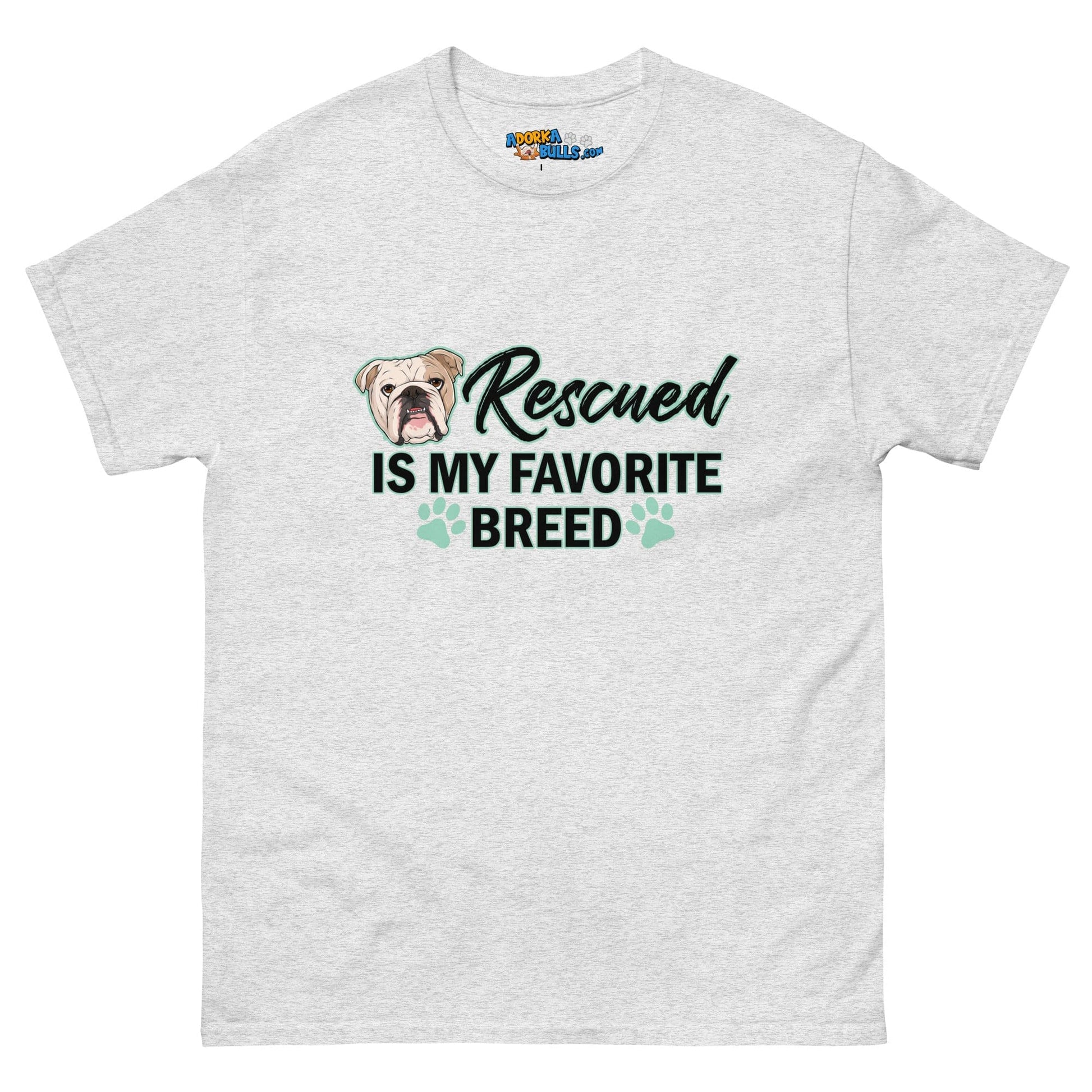 "Rescued is My Favorite Breed" Female English Bulldog Men's Classic Tee | Fawn & White Colored