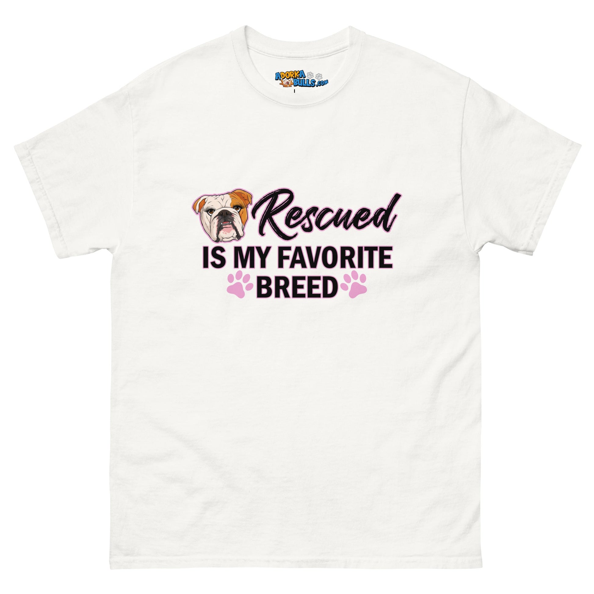 "Rescued is My Favorite Breed" Female English Bulldog Men's Classic Tee | Red & White Colored