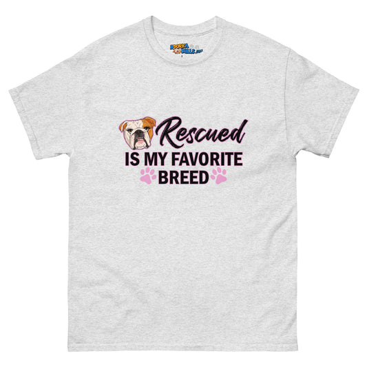 "Rescued is My Favorite Breed" Female English Bulldog Men's Classic Tee | Red & White Colored