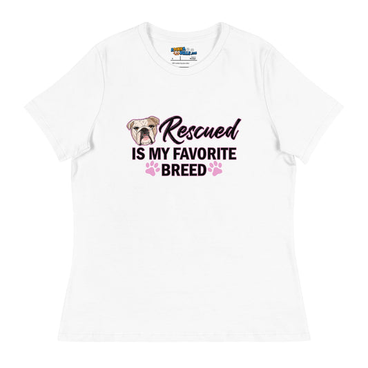 "Rescued is My Favorite Breed" Female English Bulldog Women's T - Shirt | Fawn & White Colored