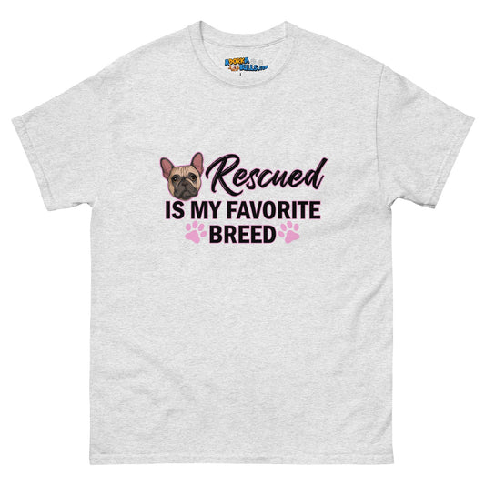 "Rescued is My Favorite Breed" Female Frenchie Men's Classic Tee | Fawn & White Colored