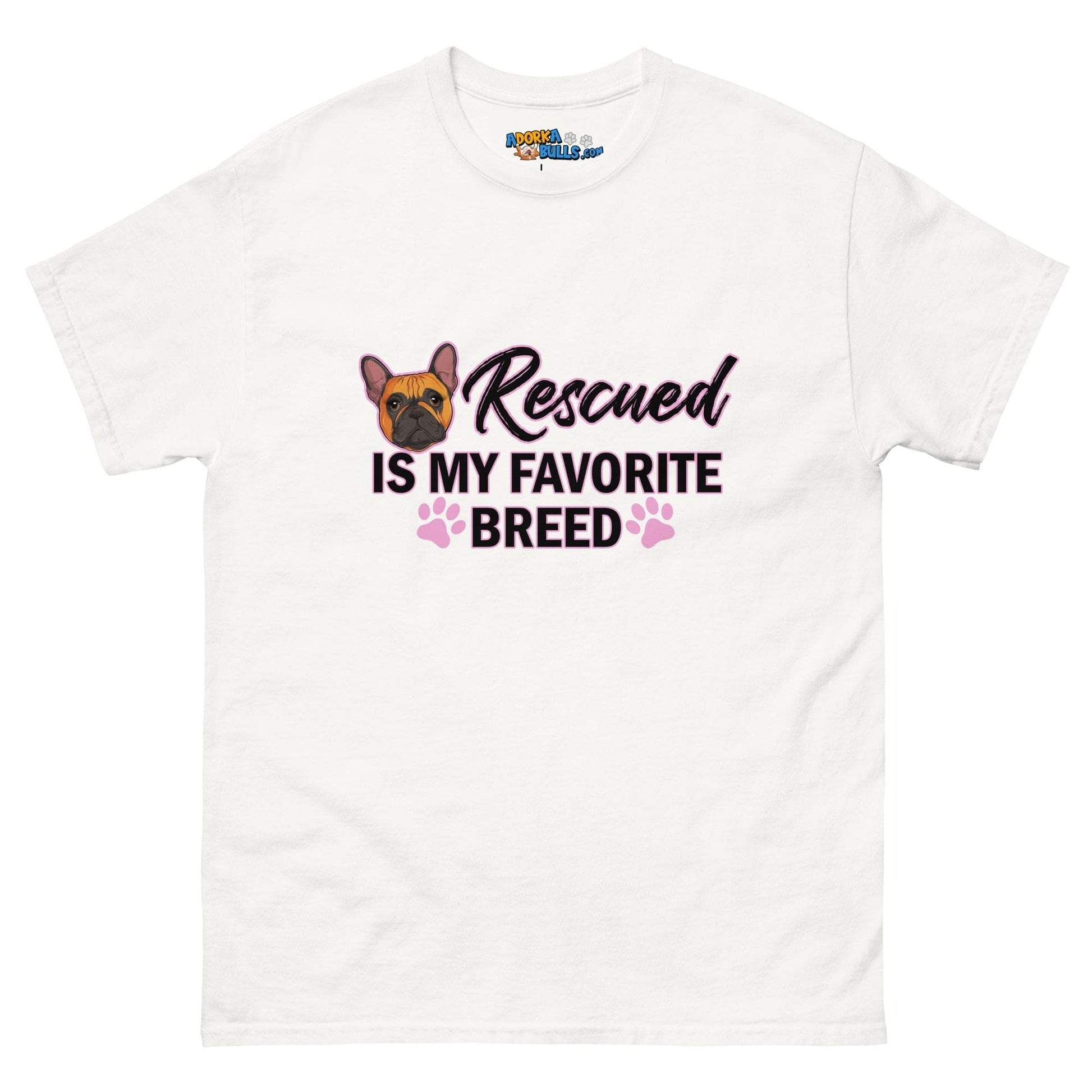 "Rescued is My Favorite Breed" Female Frenchie Men's Classic Tee | Red & White Colored