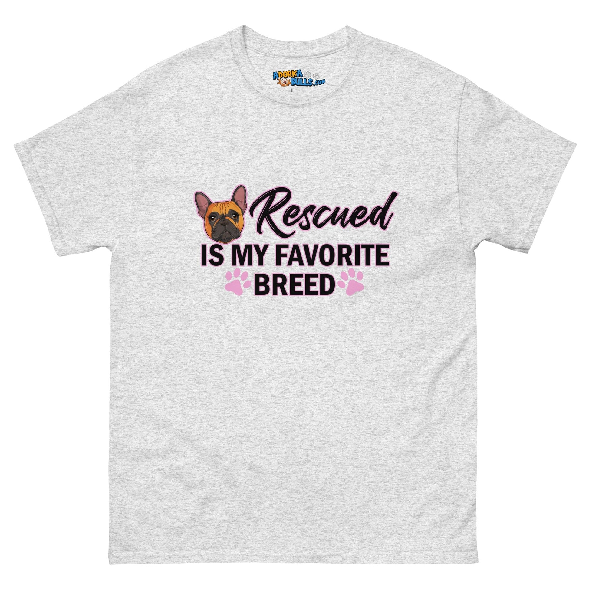 "Rescued is My Favorite Breed" Female Frenchie Men's Classic Tee | Red & White Colored