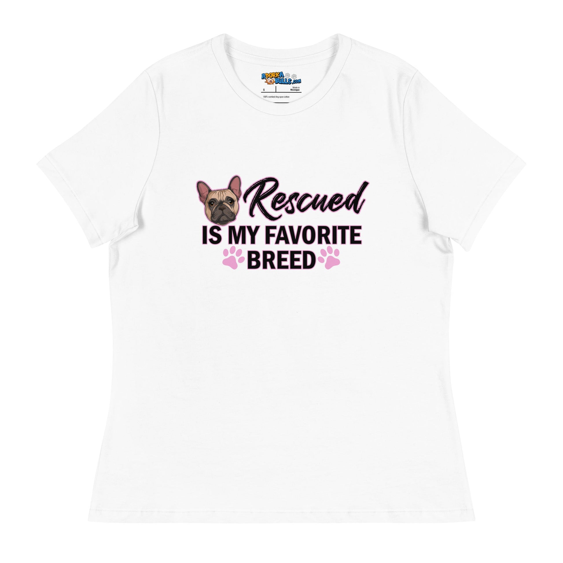 "Rescued is My Favorite Breed" Female Frenchie Women's T - Shirt | Fawn & White Colored