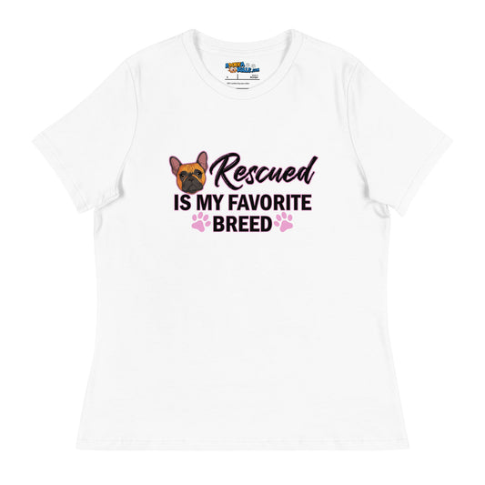 "Rescued is My Favorite Breed" Female Frenchie Women's T - Shirt | Red & White Colored