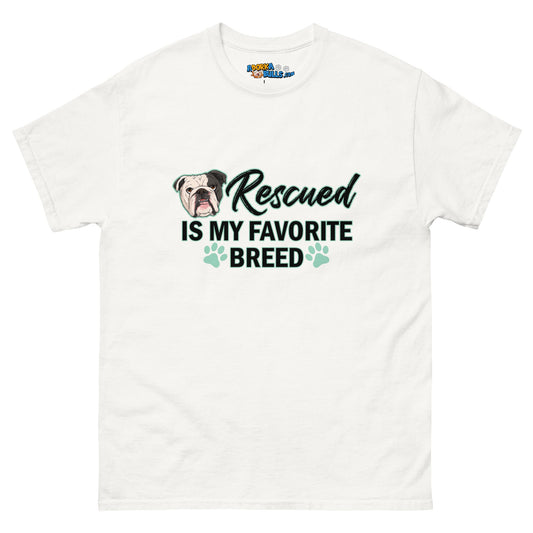 "Rescued is My Favorite Breed" Male English Bulldog Men's Classic Tee | B&W Colored