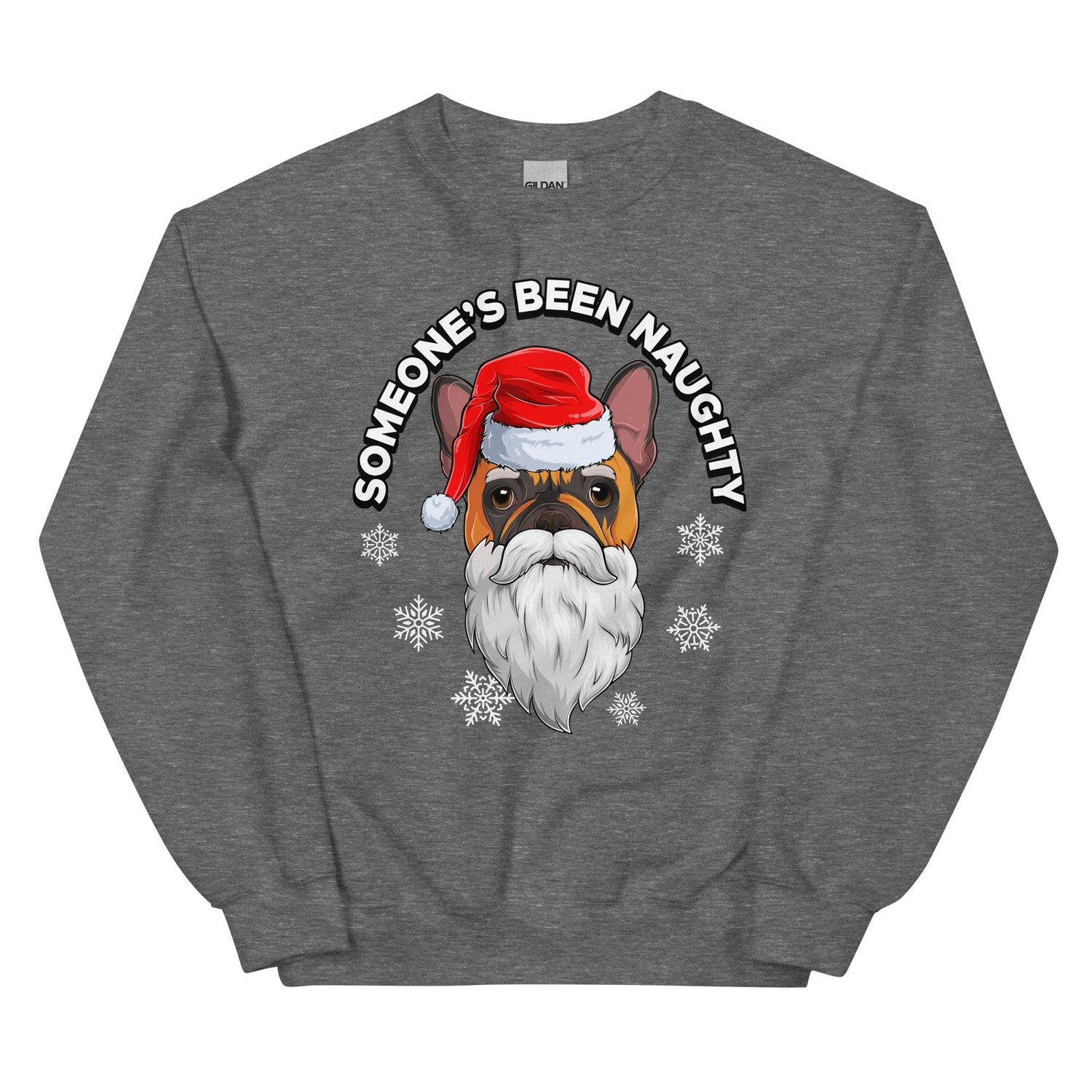 &quot;Someone’s Been Naughty&quot; Frenchie Christmas Sweatshirt | Red &amp; White Colored