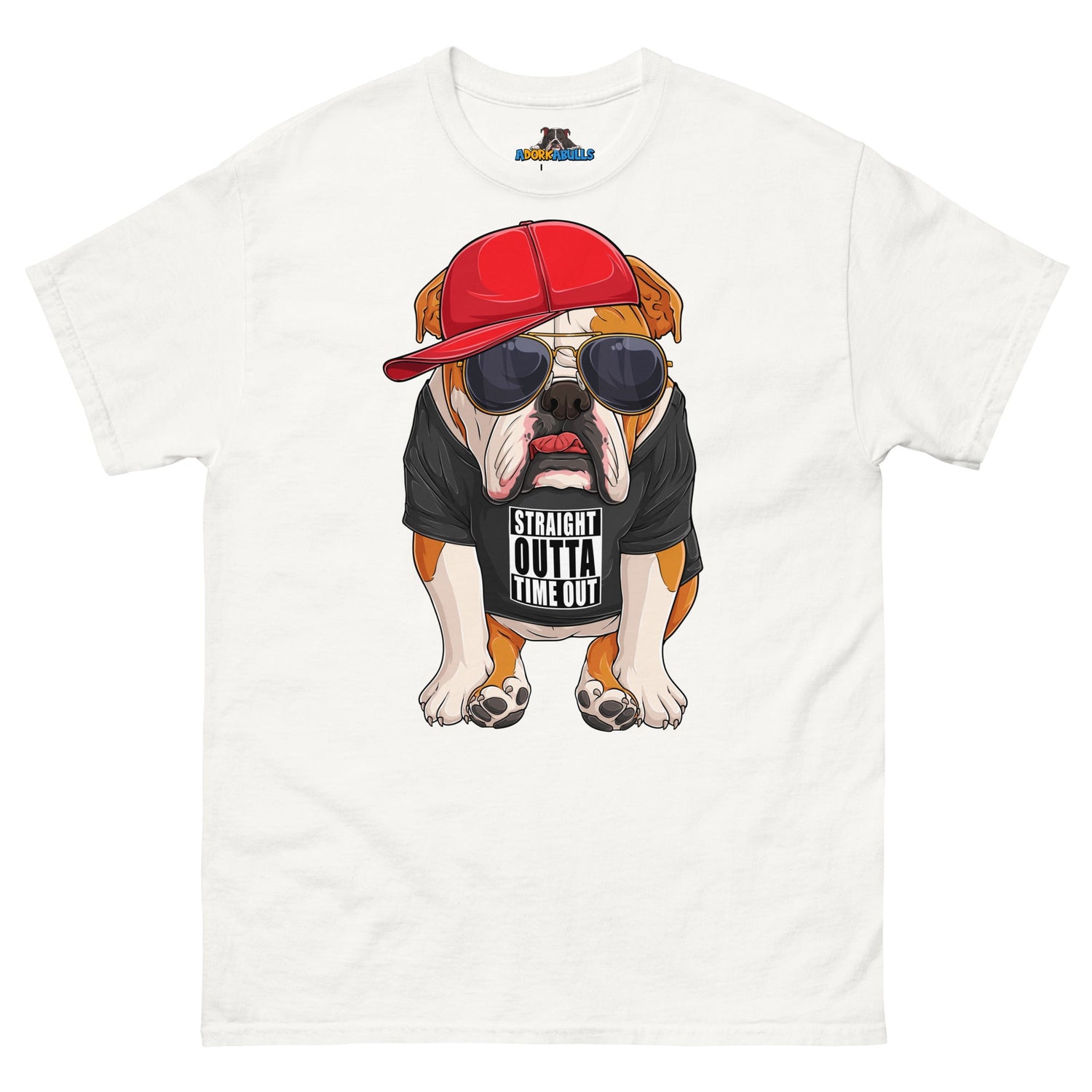 "Straight Outta Time Out" Male Bulldog Men’s Tee | Red &amp; White Colored