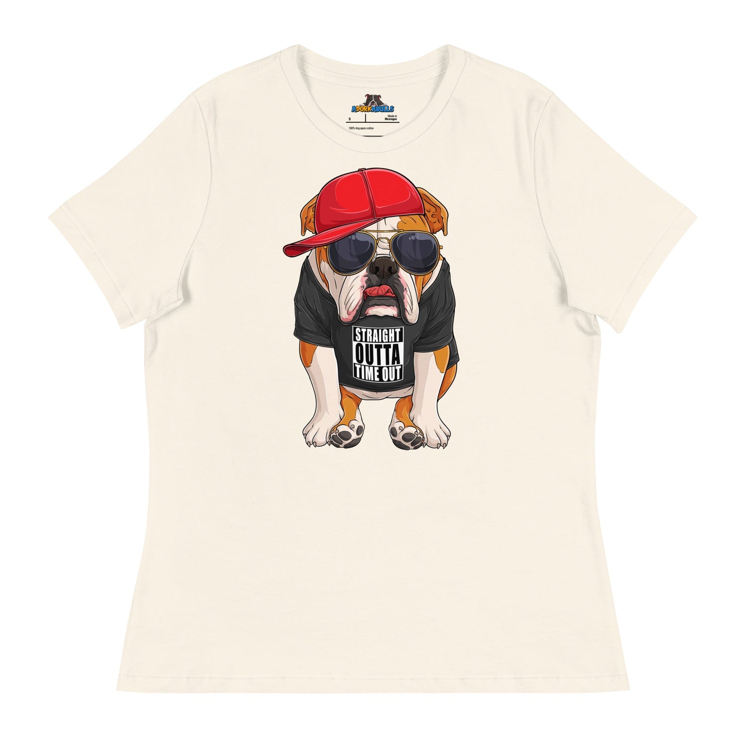 "Straight Outta Time Out" Male Bulldog Women’s Tee | Red &amp; White Colored