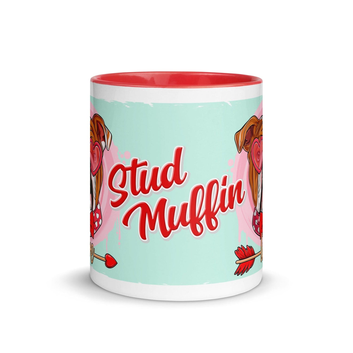 &quot;Stud Muffin&quot; with Arrow of Love English Bulldog Mug | Red &amp; White Colored Male