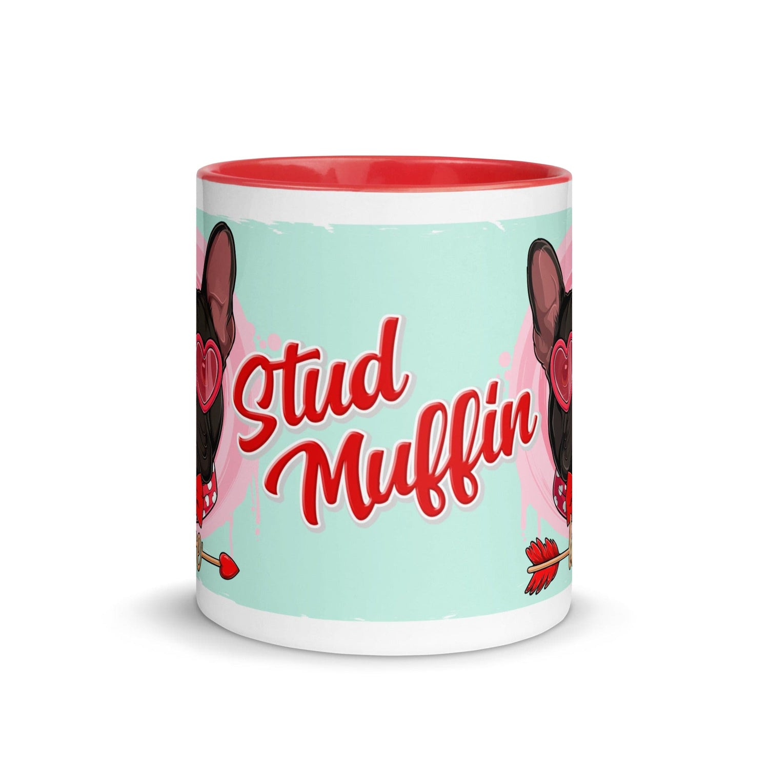 &quot;Stud Muffin&quot; with Arrow of Love French Bulldog Mug | Red &amp; White Colored Male