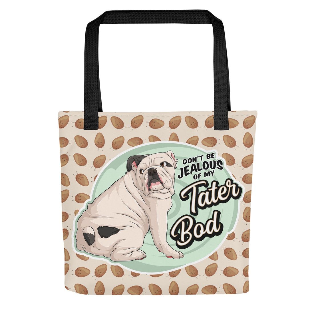 &quot;Tater Bod&quot; English Bulldog Tote Bag | White &amp; Black Colored