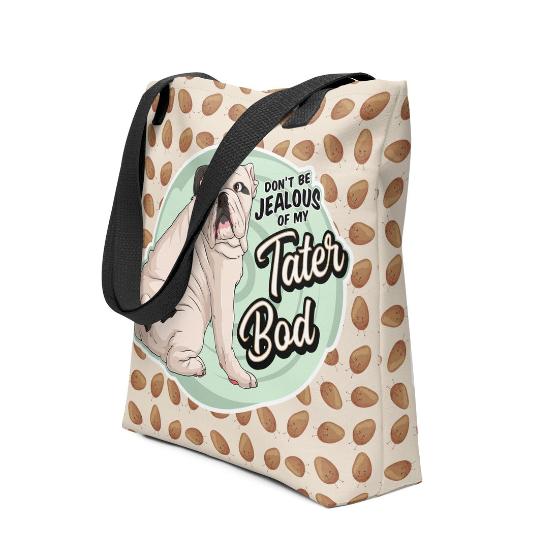 &quot;Tater Bod&quot; English Bulldog Tote Bag | White &amp; Black Colored