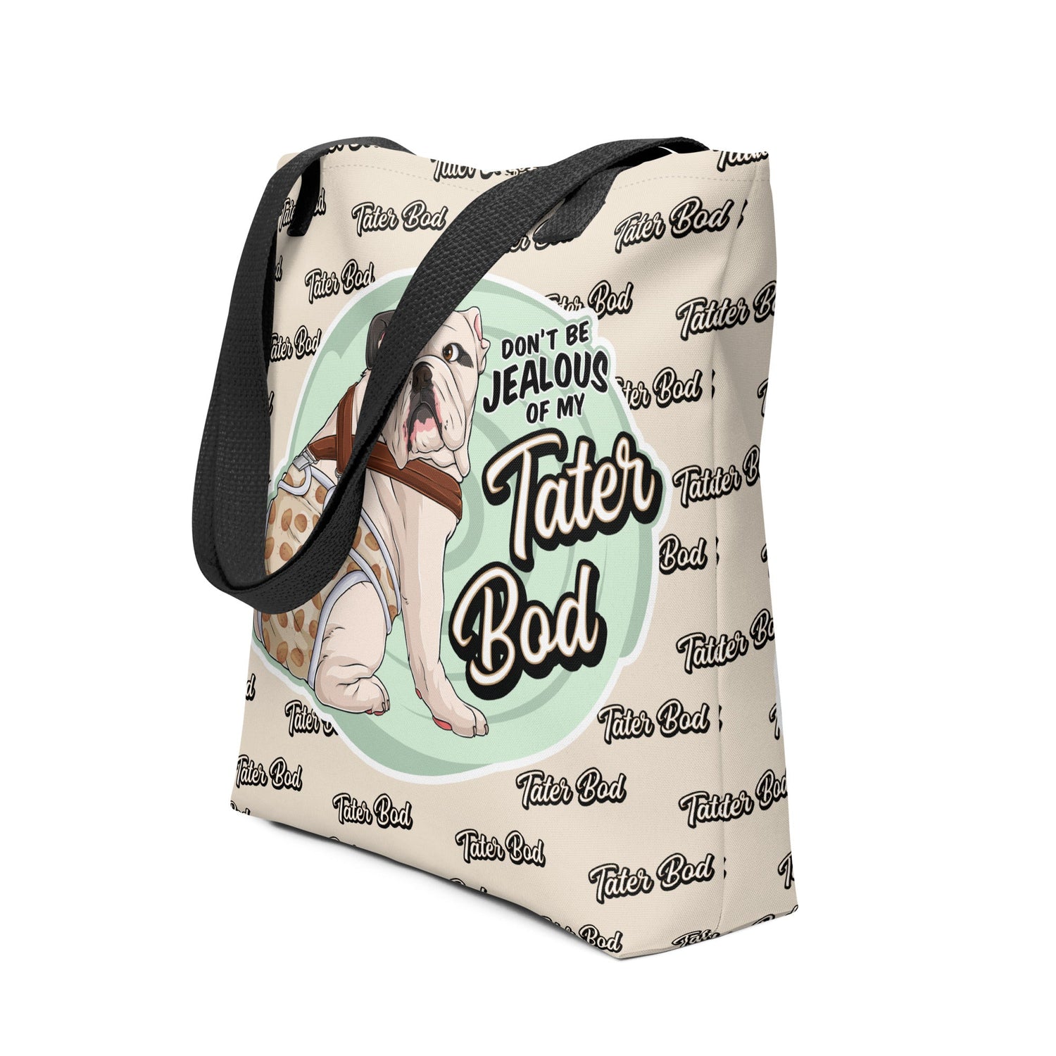 &quot;Tater Bod&quot; English Bulldog Tote Bag | White &amp; Black Colored with Spina Bifida