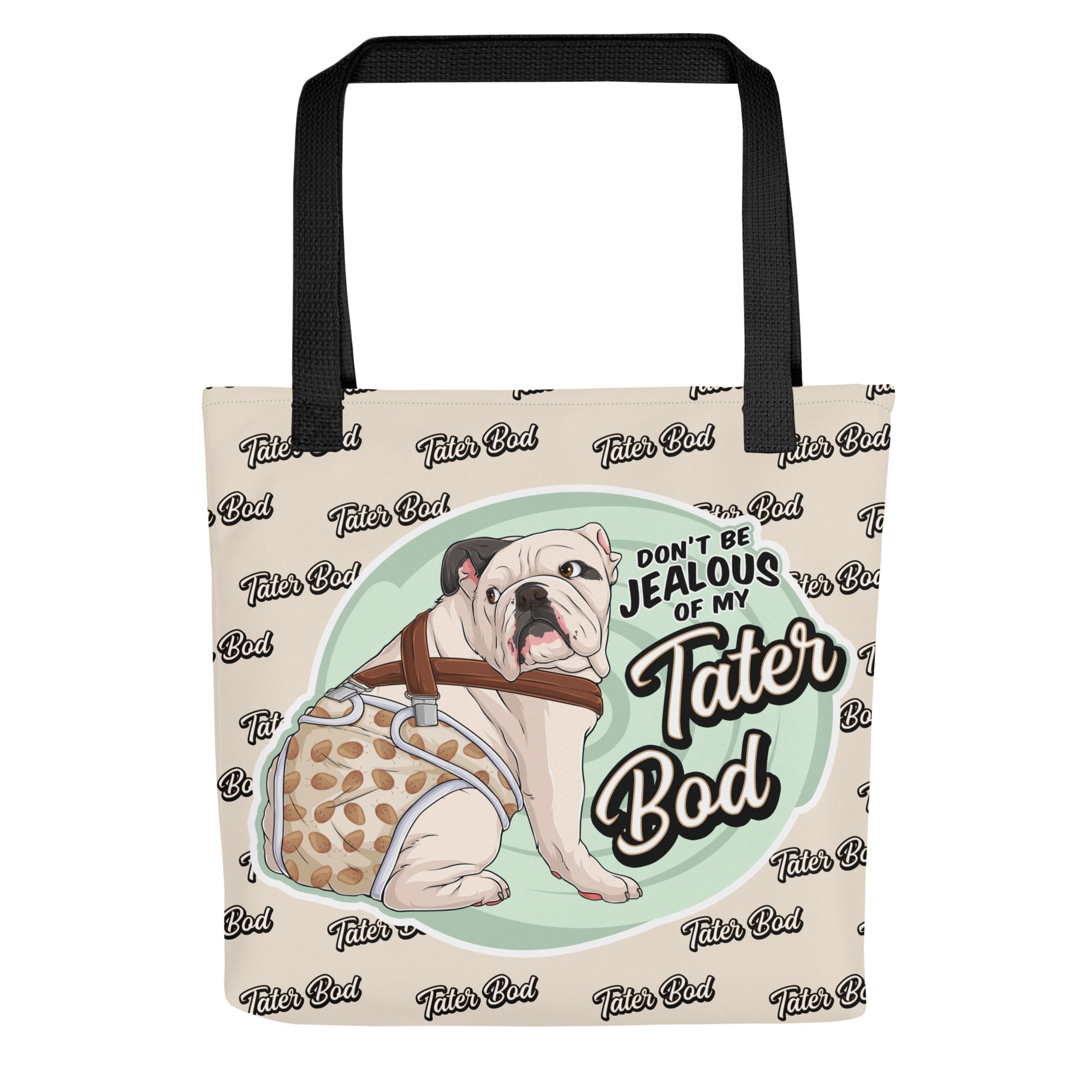 &quot;Tater Bod&quot; English Bulldog Tote Bag | White &amp; Black Colored with Spina Bifida