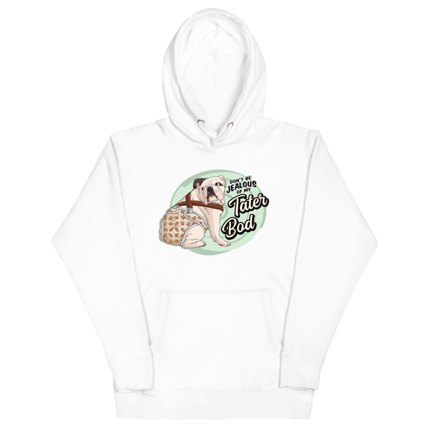 &quot;Tater Bod&quot; English Bulldog Unisex Hoodie | White &amp; Black Colored with Spina Bifida