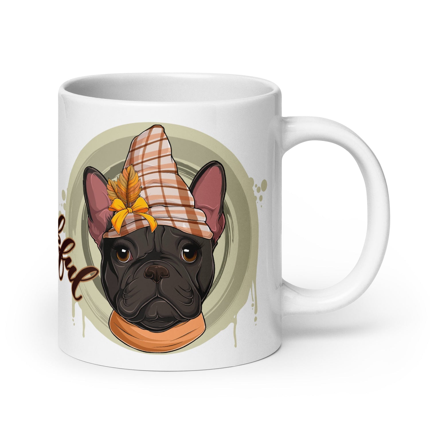 &quot;Thankful&quot; Female French Bulldog Thanksgiving Mug | B&amp;W Colored