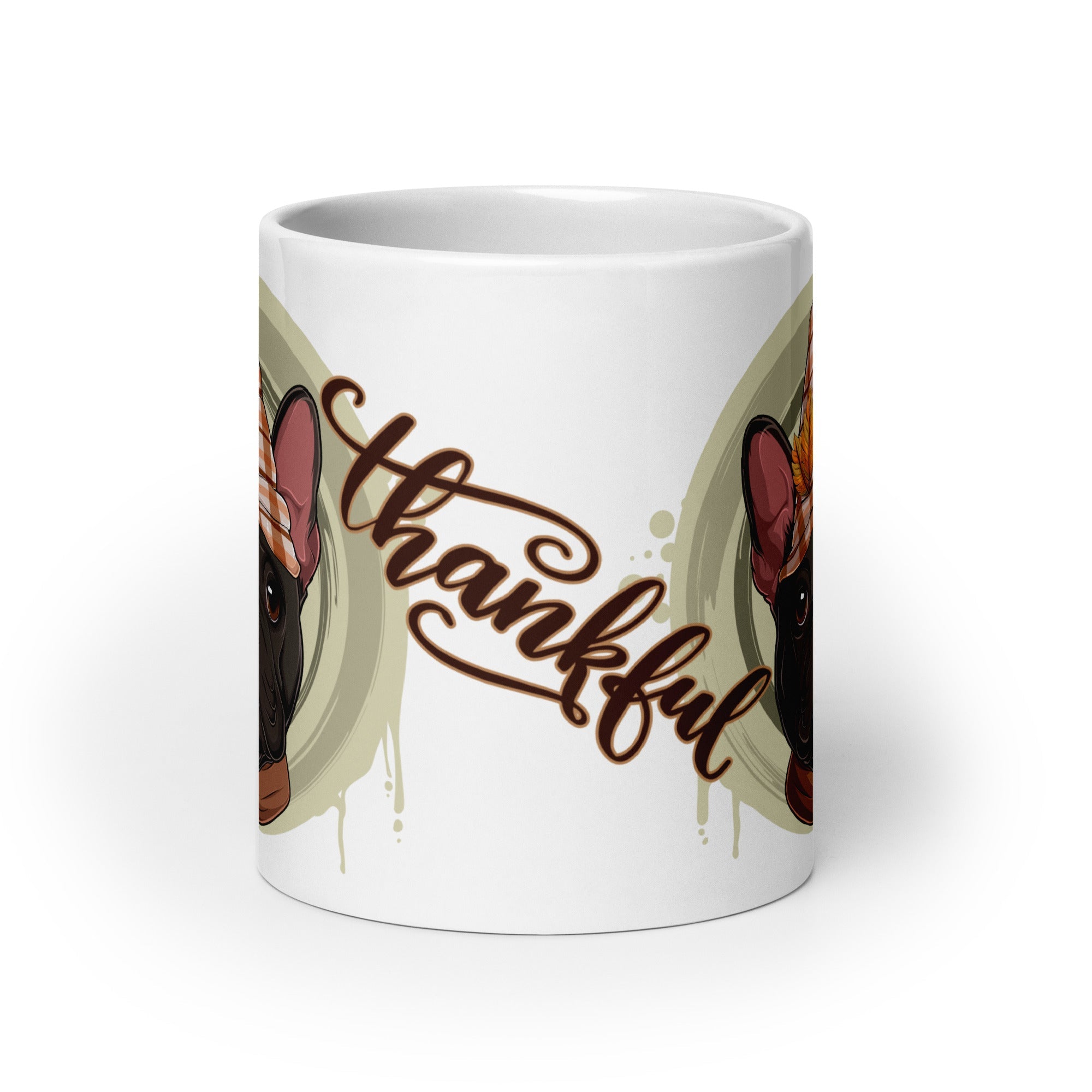 &quot;Thankful&quot; Male French Bulldog Thanksgiving Mug | B&amp;W Colored