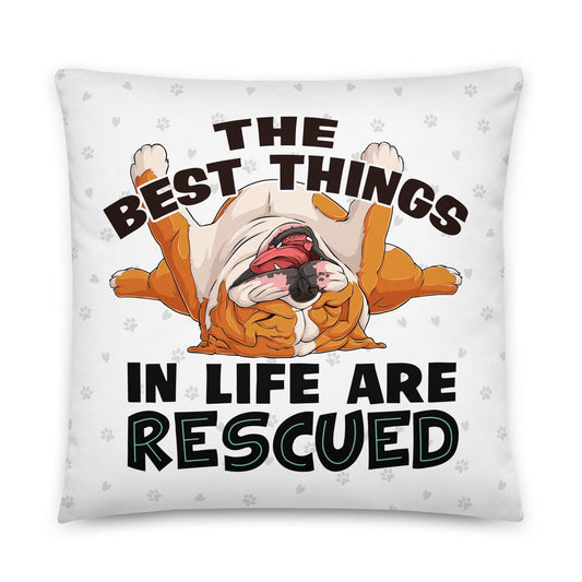 "The Best Things In Life Are Rescued" English Bulldog Throw Pillow | Red & White Colored