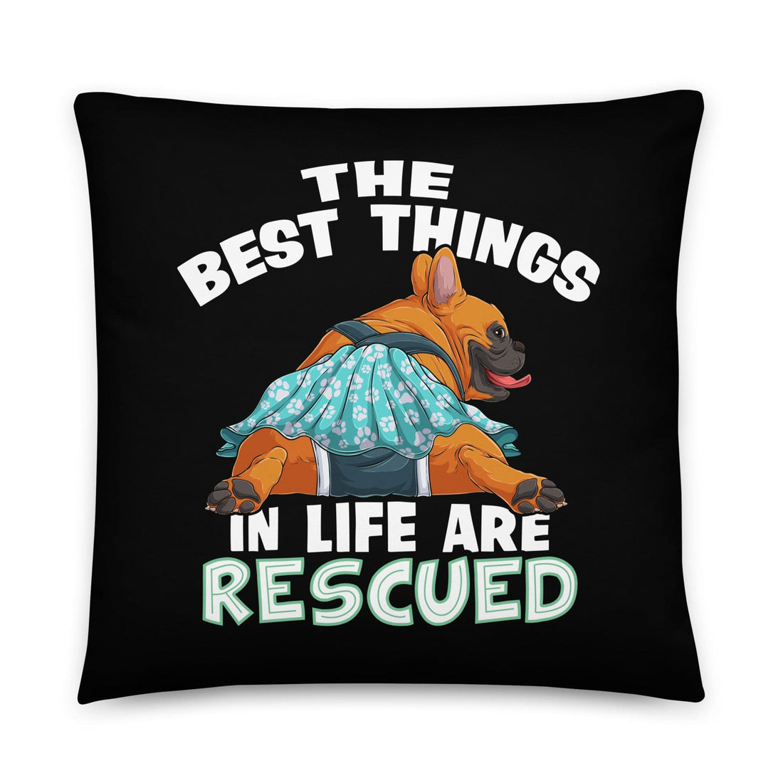 &quot;The Best Things In Life Are Rescued&quot; Female French Bulldog Throw Pillow | Red &amp; White Colored with Spina Bifida