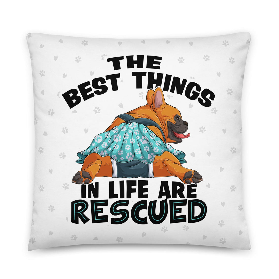 &quot;The Best Things In Life Are Rescued&quot; Female French Bulldog Throw Pillow | Red &amp; White Colored with Spina Bifida