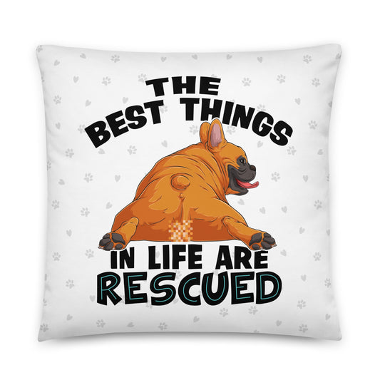 "The Best Things In Life Are Rescued" French Bulldog Throw Pillow | Red & White Colored