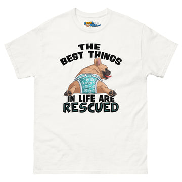 "The Best Things In Life Are Rescued" Male French Bulldog Men's Classic Tee | Fawn & White Colored with Spina Bifida