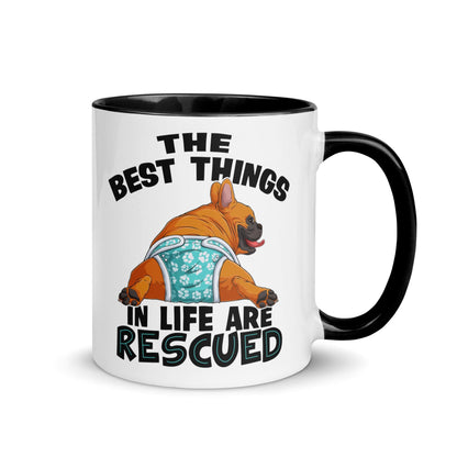 &quot;The Best Things In Life Are Rescued&quot; Male French Bulldog Mug | Red &amp; White Colored with Spina Bifida